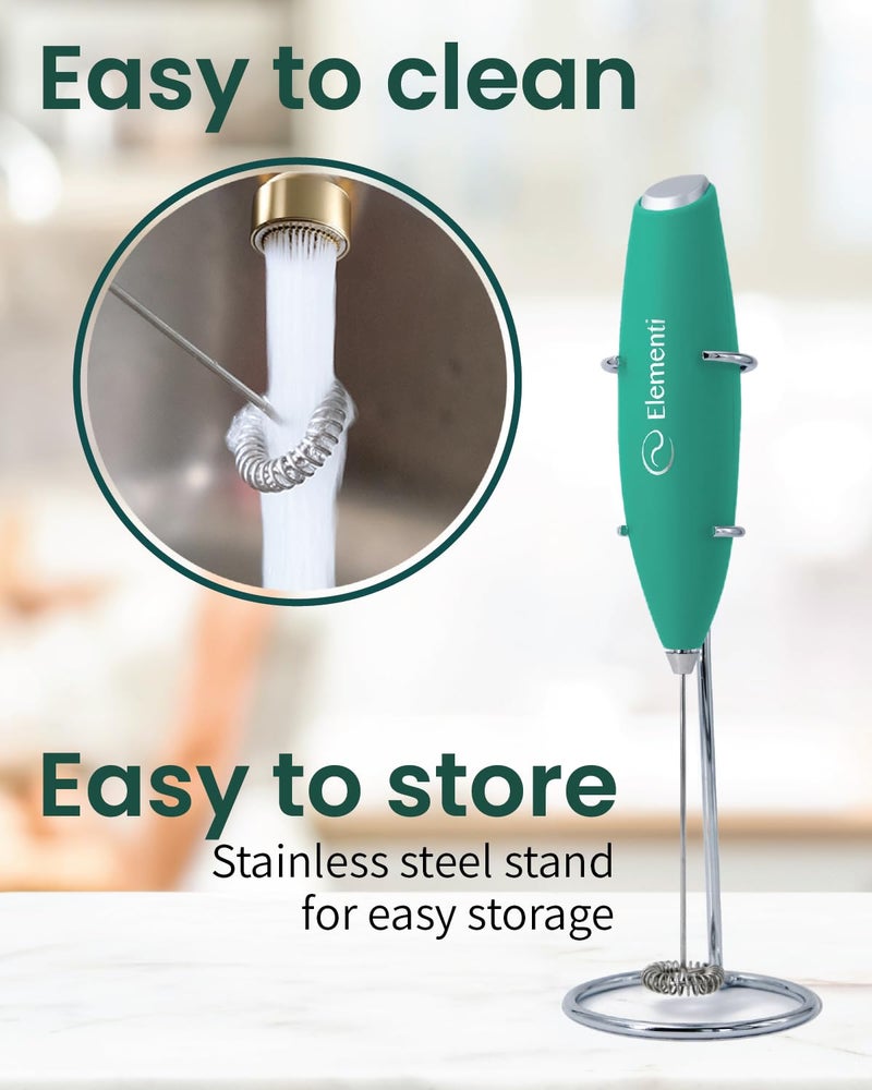 Elementi Matcha Whisk & Frother Set - Powerful Electric Matcha Mixer for Powder, Easy to Use Electric Whisk Kit - Craft Effortless Lattes with the Elementi Milk Frother Wand & Wisk (Emerald Green) - Image 5